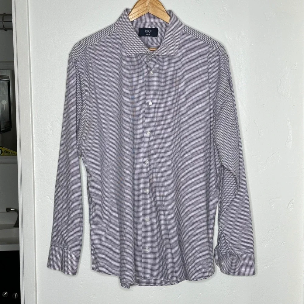 1901 Gingham Button Down Shirt Men 17 1/2 34-35 Blue White Cotton Preppy College